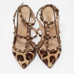 Pre Owned Valentino Brown/Beige Calf Hair and Leather Rockstud Pumps Size 40