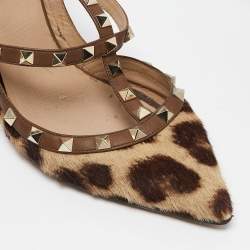 Pre Owned Valentino Brown/Beige Calf Hair and Leather Rockstud Pumps Size 40