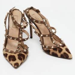 Pre Owned Valentino Brown/Beige Calf Hair and Leather Rockstud Pumps Size 40