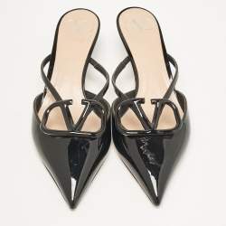 Pre Owned Valentino Black Patent Leather Escape V logo Pointed Toe Mules Size 36