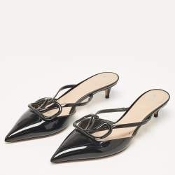 Pre Owned Valentino Black Patent Leather Escape V logo Pointed Toe Mules Size 36