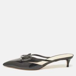 Pre Owned Valentino Black Patent Leather Escape V logo Pointed Toe Mules Size 36