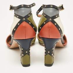 Pre Owned Valentino Multicolor Leather Embellished Block Heel Ankle Strap Pumps Size 37.5