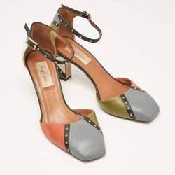 Pre Owned Valentino Multicolor Leather Embellished Block Heel Ankle Strap Pumps Size 37.5