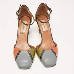 Pre Owned Valentino Multicolor Leather Embellished Block Heel Ankle Strap Pumps Size 37.5
