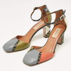 Pre Owned Valentino Multicolor Leather Embellished Block Heel Ankle Strap Pumps Size 37.5