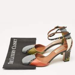 Pre Owned Valentino Multicolor Leather Embellished Block Heel Ankle Strap Pumps Size 37.5