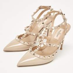 Pre Owned Valentino Beige Leather and Patent Rockstud Ankle Strap Pumps Size 37