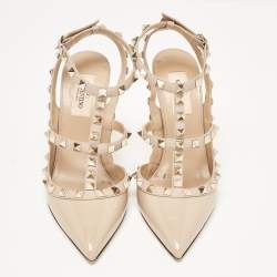 Pre Owned Valentino Beige Leather and Patent Rockstud Ankle Strap Pumps Size 37