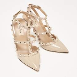 Pre Owned Valentino Beige Leather and Patent Rockstud Ankle Strap Pumps Size 37