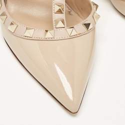 Pre Owned Valentino Beige Leather and Patent Rockstud Ankle Strap Pumps Size 37