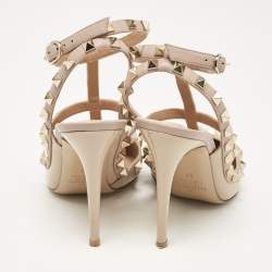 Pre Owned Valentino Beige Leather and Patent Rockstud Ankle Strap Pumps Size 37