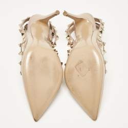Pre Owned Valentino Beige Leather and Patent Rockstud Ankle Strap Pumps Size 37
