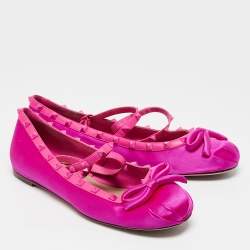 Pre Owned Valentino Pink Satin and Leather Rockstud Ankle Strap Ballet Flats Size 42