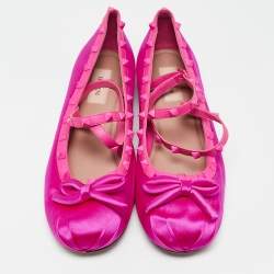 Pre Owned Valentino Pink Satin and Leather Rockstud Ankle Strap Ballet Flats Size 42
