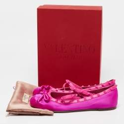 Pre Owned Valentino Pink Satin and Leather Rockstud Ankle Strap Ballet Flats Size 42