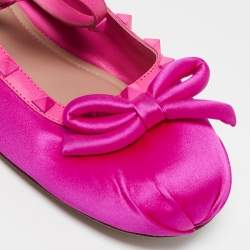 Pre Owned Valentino Pink Satin and Leather Rockstud Ankle Strap Ballet Flats Size 42