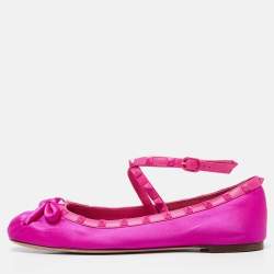 Pre Owned Valentino Pink Satin and Leather Rockstud Ankle Strap Ballet Flats Size 42