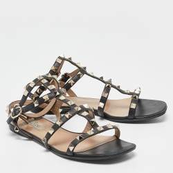 Pre Owned Valentino Black Leather Rockstud Flat Sandals Size 36