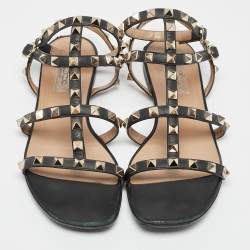 Pre Owned Valentino Black Leather Rockstud Flat Sandals Size 36