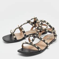 Pre Owned Valentino Black Leather Rockstud Flat Sandals Size 36