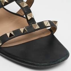 Pre Owned Valentino Black Leather Rockstud Flat Sandals Size 36