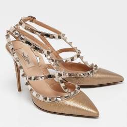 Pre Owned Valentino Gold/Silver Leather Rockstud Pumps Size 39