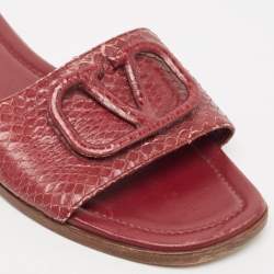Valentino Burgundy Python Leather Escape V logo Flat Slides Size 38
