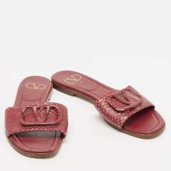 Valentino Burgundy Python Leather Escape V logo Flat Slides Size 38