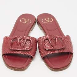 Valentino Burgundy Python Leather Escape V logo Flat Slides Size 38