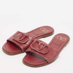 Valentino Burgundy Python Leather Escape V logo Flat Slides Size 38