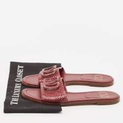 Valentino Burgundy Python Leather Escape V logo Flat Slides Size 38