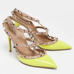 Pre Owned Valentino Green/Beige Patent and Leather Caged Rockstud  Ankle Strap Pumps Size 39