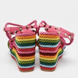 Pre Owned Valentino Multicolor Woven Fabric Rockstud Rainbow Wedge Sandals Size 37