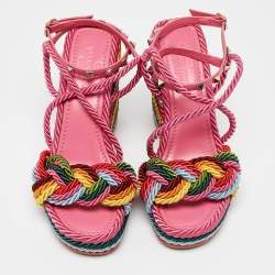 Pre Owned Valentino Multicolor Woven Fabric Rockstud Rainbow Wedge Sandals Size 37