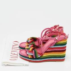 Pre Owned Valentino Multicolor Woven Fabric Rockstud Rainbow Wedge Sandals Size 37