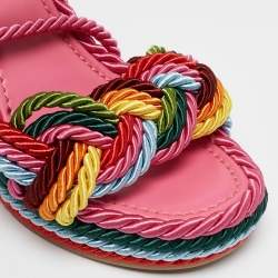 Pre Owned Valentino Multicolor Woven Fabric Rockstud Rainbow Wedge Sandals Size 37