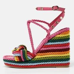 Pre Owned Valentino Multicolor Woven Fabric Rockstud Rainbow Wedge Sandals Size 37