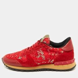 Valentino Red Suede and Lace Rockrunner Low Top Sneakers Size 37
