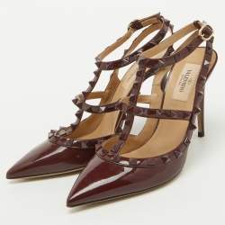 Valentino Dark Burgundy Patent Leather Rockstud Ankle Strap Pumps Size 37.5