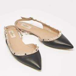 Pre Owned Valentino Black/Beige Leather Rockstud Slingback Flats Size 41