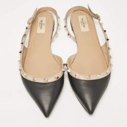 Pre Owned Valentino Black/Beige Leather Rockstud Slingback Flats Size 41