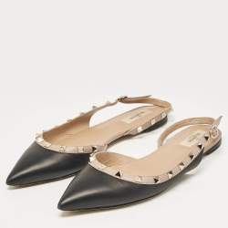 Pre Owned Valentino Black/Beige Leather Rockstud Slingback Flats Size 41
