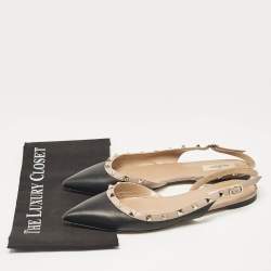 Pre Owned Valentino Black/Beige Leather Rockstud Slingback Flats Size 41