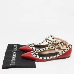 Pre Owned Valentino Red/White Leather Rockstud Ankle Strap Ballet Flats Size 41.5