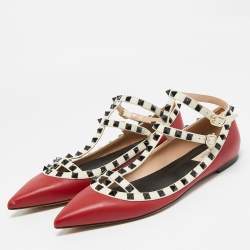 Pre Owned Valentino Red/White Leather Rockstud Ankle Strap Ballet Flats Size 41.5