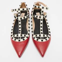Pre Owned Valentino Red/White Leather Rockstud Ankle Strap Ballet Flats Size 41.5
