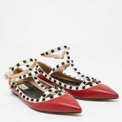 Pre Owned Valentino Red/White Leather Rockstud Ankle Strap Ballet Flats Size 41.5