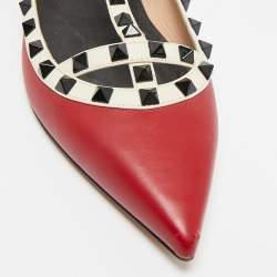 Pre Owned Valentino Red/White Leather Rockstud Ankle Strap Ballet Flats Size 41.5