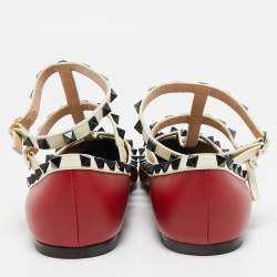 Pre Owned Valentino Red/White Leather Rockstud Ankle Strap Ballet Flats Size 41.5